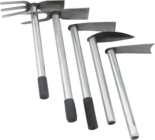 5 PCS Hoe Garden Tool Set, Hoe and Cultivator Hand Tiller, Heavy Duty Digging Hoe, 2 Fork and 3 Fork Hand Tiller for Gardening Weeding Digging Loosening Soil, Carbon Steel