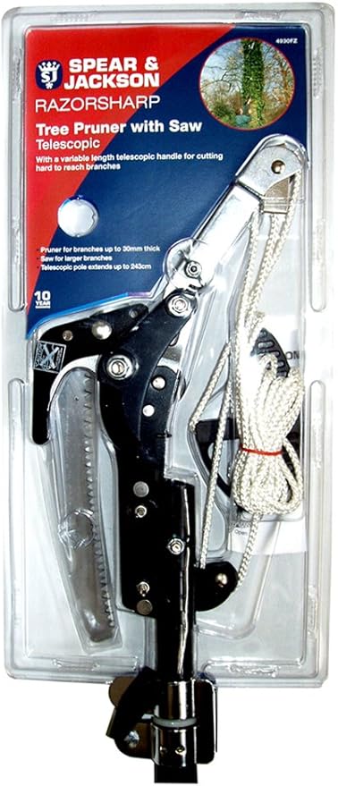 Spear & Jackson 4930FZ Razorsharp Telescopic Tree Pruner, Extendable Pole Handle for Removing High Branches, Sharp Saw Blade for Cutting Thick Limbs and Powerful Pull Cord Lopper for Light Trimming