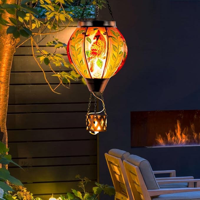Starsoul Cardinal Hot Air Balloon Solar Flickering Flame with Candle Holder Outdoor Solar Lantern Hot Air Balloon Solar Light Waterproof Hanging Solar Balloon Lamp Garden Patio Yard Decor