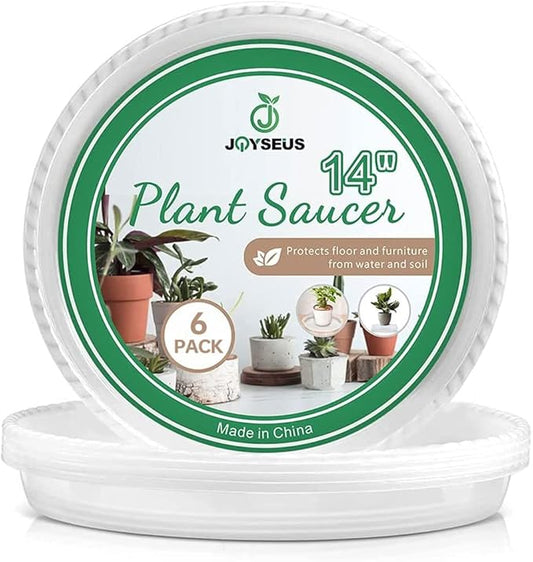 JOYSEUS Plant Saucers - 6 Pack of 14 Inch - Durable Plastic Plant Tray for Flower Pots, Clear Plant Saucer for Indoor Plants Pots & Outdoor Plants (6 Pack)