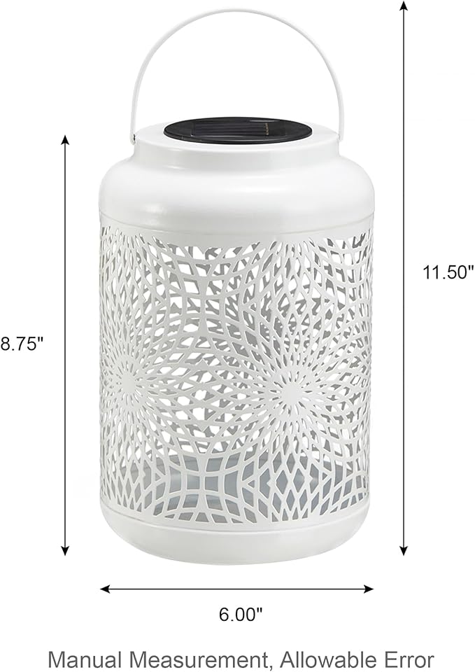 Glitzhome Solar Lantern White Metal Cutout Scrollwork Outdoor Hanging Solar Light with Handle for Garden Patio Yard Outdoor Decor