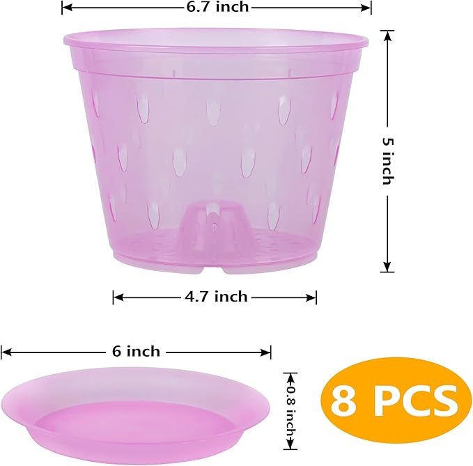 Orchid Pot, 6.7 Inch 8 Pack Orchid Pots with Holes and Saucers,Plastic Orchid Planter - Rose Quartz