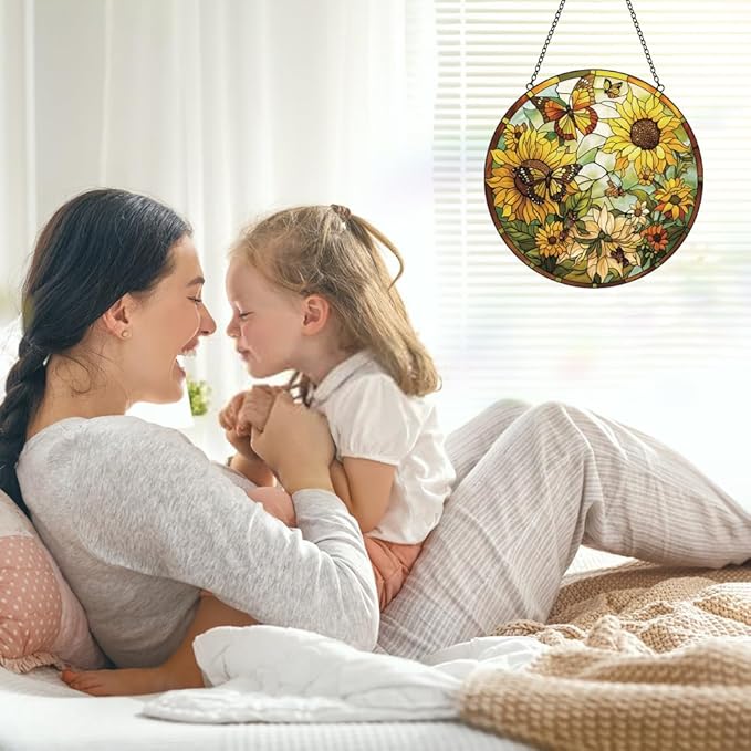 Sunflower Decor Suncatcher Stained Glass Window Hanging - Butterfly Stained Glass Suncatchers for Windows - Sun Catchers Indoor Window with Chain and Hook - Sunflower Gifts for Women Mom Teacher Gift