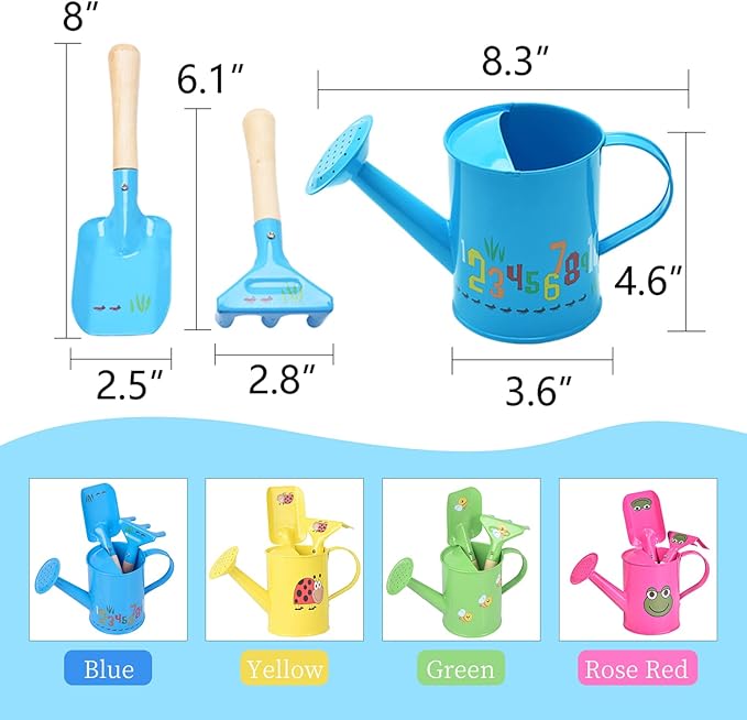Sungmor Small Watering Can Set Cute Little Gardener Kit | Package Includes 3PC Blue Number Watering Can & Trowel & Rake Gardening Hand Tools | Perfect for Garden,Yard or Beach