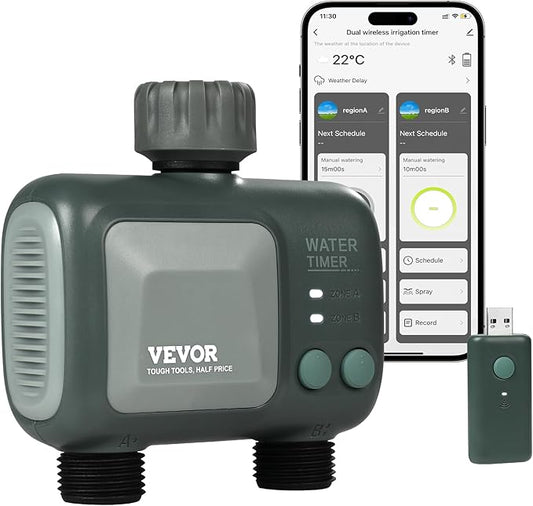 VEVOR Sprinkler Timer WiFi Water Timer, 2 Outlets, Smart Hose Faucet Water Timer with Brass Inlet, APP Remote Control via 2.4Ghz WiFi or Bluetooth, Voice Control, IPX6 for Garden, Yard Watering