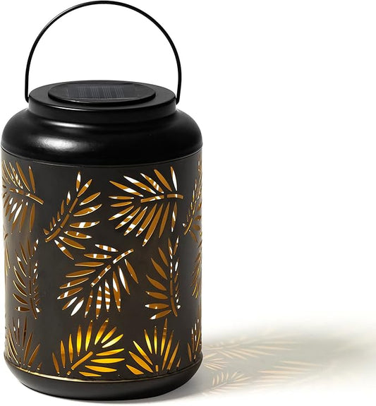 Glitzhome Solar Lantern Black Metal Cutout Leaf Outdoor Hanging Solar Light with Handle for Garden Patio Yard Outdoor Decor