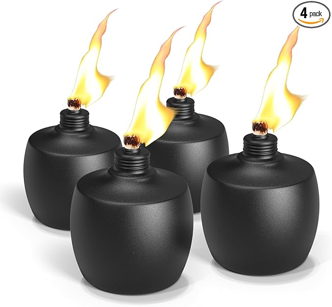 4-Pack Citronella Tabletop Torches, MQKIWAO 21 oz Table Top Torches for Outdoor, Metal Oil Burner Candles, Garden Torches with Fiberglass Wick for Yard, Patio, Deck, Garden, Party, Landscape