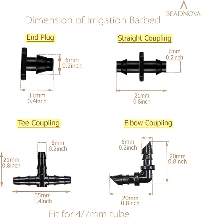 BEADNOVA Drip Irrigation Parts 80 Pcs Mix 1/4 Inch Barbed Tee Elbow Straight Couplings End Plugs Drip Irrigation Fittings Drip Line Connectors for 1/4 Inch Irrigation Tubing Garden Watering System