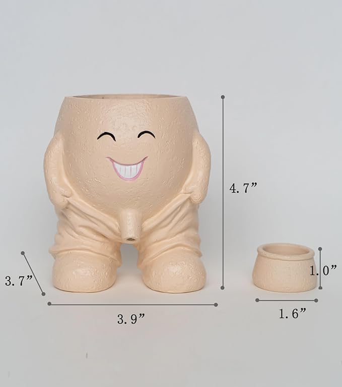 Quirky Creative Planter with Smiley Face,Naughty Boy Plant Face Pot with Drainage Hole,for Indoor Outdoor, Christmas, (Naughty Boy,Khaki)