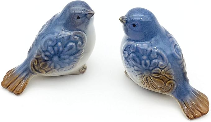 Set of 2 Ceramic Bird Figurines Flower Embellished Garden Statue Home Decor Mini Bird Ornaments