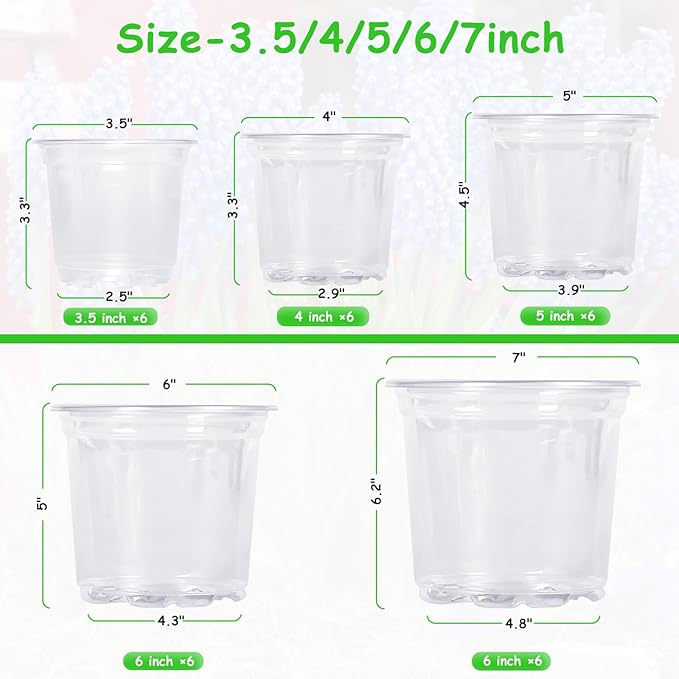 30 Pack 3.5/4/5/6/7 Inch Clear Nursery Pots with Drainage Holes, Transparent Plastic Pots for Plants, Reinforced Seed Starter Pots Garden Pots Flower Pots Indoor Outdoor