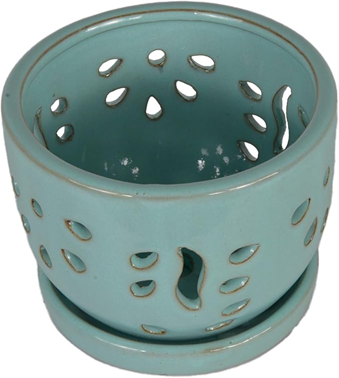 W&W Orchid Pot with Holes and Saucer for Repotting, Turquoise, 5.8 Inches