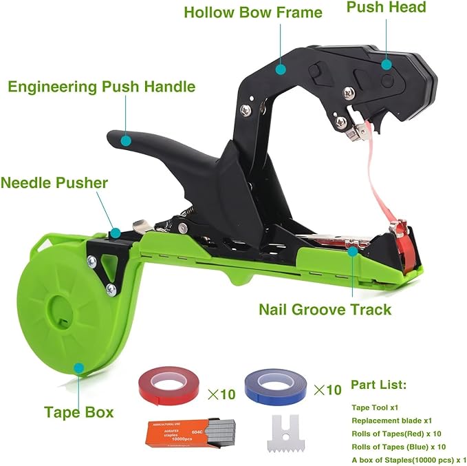 Plant Tying Machine - Efficient Gardening Tool with Tape and Plant Tape Gun for Quick and Easy Vining of Tomatoes, Peppers, Cucumbers, and More(Green)