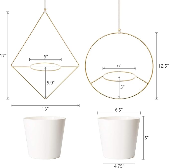 Mkono Boho Metal Hanging Planter with Plastic Pots, Set of 2 , Modern Mid Century Flower Pot Plant Holder in Diamond and Circle Shape, Fits 6 Inch , Gold