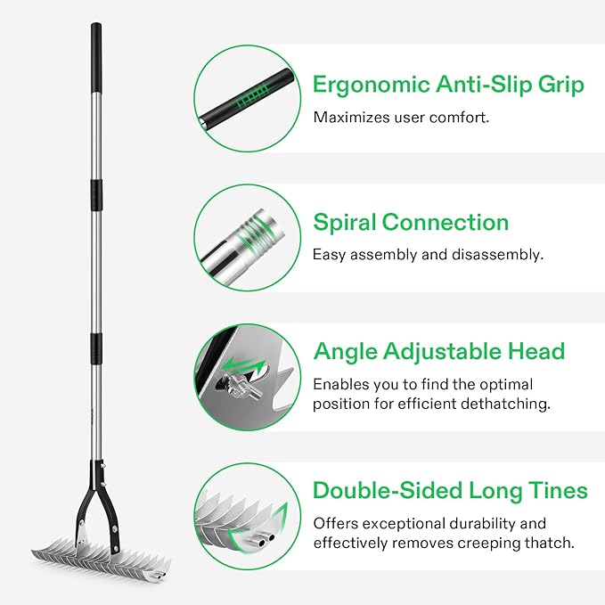 VIVOSUN 15" Thatch Rake, 15" x 70" Lawn Thatching Rake, Sturdy Dethatcher Rake, Efficient Steel Metal Rake with Handle, Durable Adjustable Head for Removing Dead Grass and Clippings, Loosening Soil