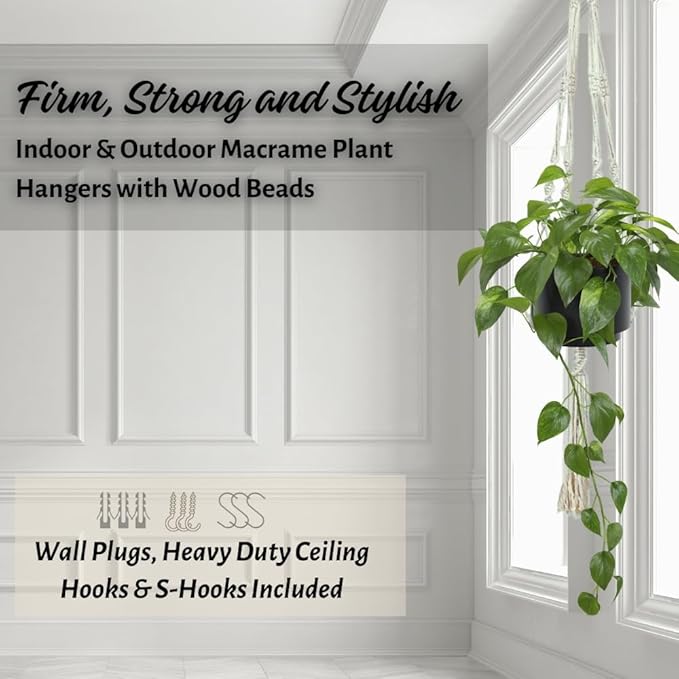 3 Pack Macrame Plant Hanger Indoor Hanging Planter for Plants Holder, Hanging Pot Holder Macrame Decorative Flower Pot Holder with 3 Hooks for Indoor Outdoor Boho Home Décor, Ivory (POTS NOT INCLUDED)