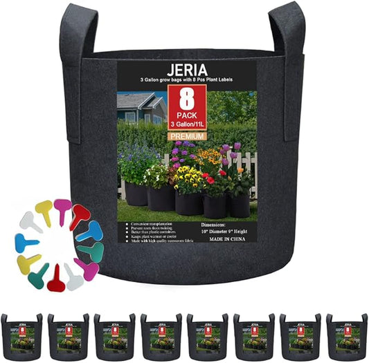 JERIA 8-Pack 3 Gallon Grow Bags, Aeration Fabric Pots with Handles, Heavy Duty Thickened Nonwoven Grow Pots with 8 Pcs Plant Labels