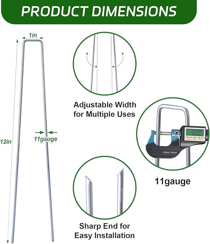 12 Inch Hot-dip Galvanized Landscape Staples, 100 Pack 10 Gauge Garden Stakes, Ground Staples for Securing Weed Fabric Barrier, Garden Hose Stake, Artificial Turf Stakes and Fencing