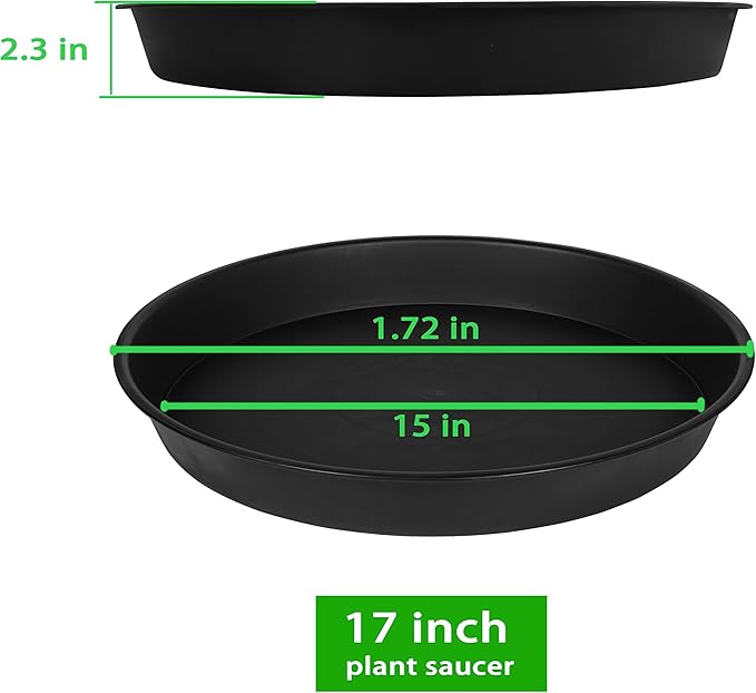 4 Pack of 16 17 inch Plant Saucer (15 inch Base), 2.3" Depth, Heavy Duty Deep Plant Trays for Pots, Plastic Plant Saucers for Indoors, Bird Bath Bowls, Drip Trays for Planter (17", Black)