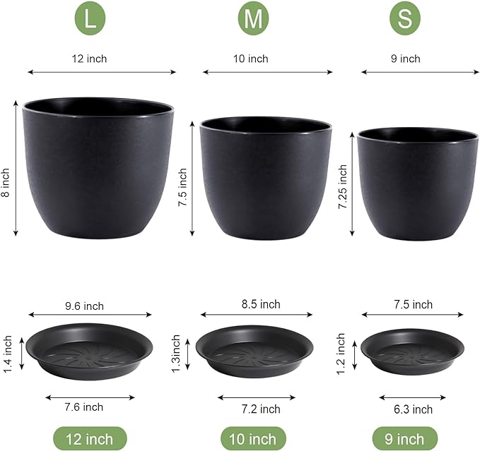 12/10/9 Large Modern Plant Pots, Plastic Planters with Drainage Holes and Saucers for Indoor Outdoor Plants Flowers, Black