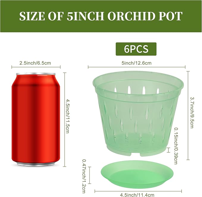 Orchid Pot with Holes and Saucers 5 Inch 6 Pack（Green Emerald）