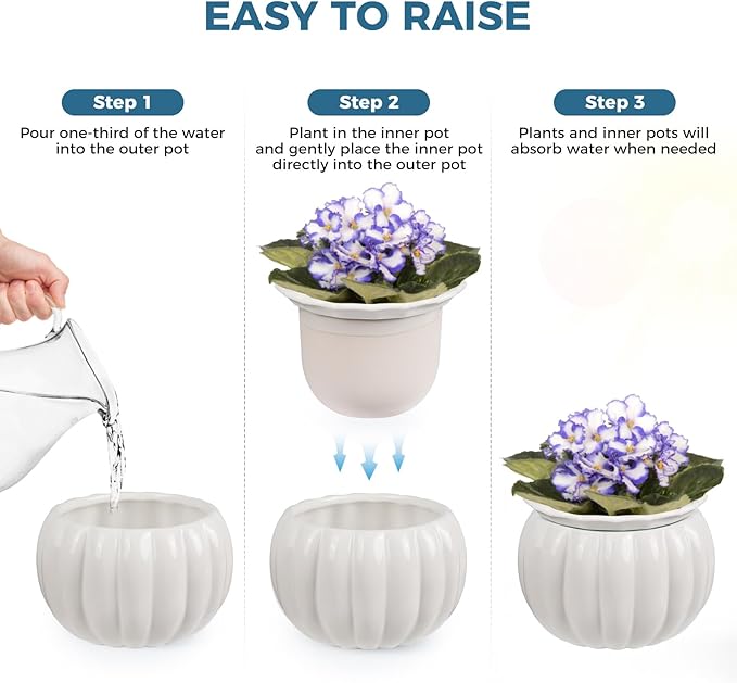 African Violet Pots, 6 inch Pumpkin-Style Ceramic Easy Self Watering Plant Pot for Busy Plant Lovers, Automatically Absorb Appropriate Amount of Water, Flower Pot Indoor-Plants Not Included