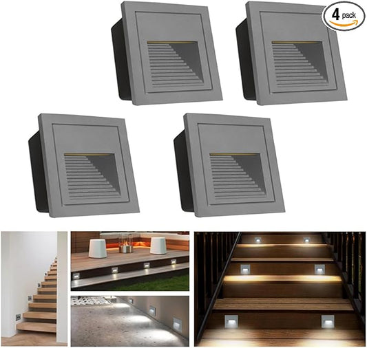 4Pack 3W LED Recessed Wall Light, 85-230V Step Lights Cool White 6000K, IP65 Waterproof Stair Light Staircase Light lamp, Inside Outside Garden Balcony Corridor, Aluminum, 120V Grey