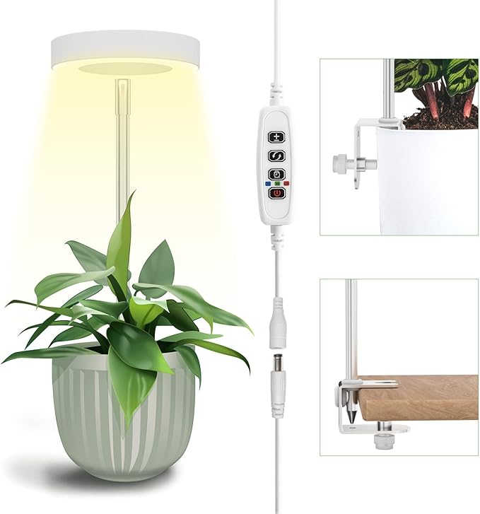Grow Lights for Indoor Plants, Full Spectrum LED Clip Plant Lights, Height Adjustable and 3 Modes, 3/9/12h Automatic Timer, 10 Dimmable Brightness, Mini Halo Grow Lights for Small Plants