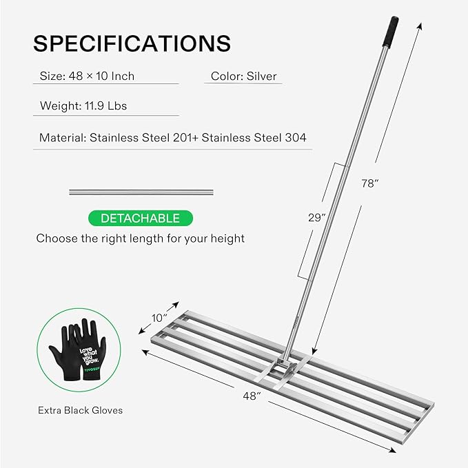 VIVOSUN 48" Lawn Leveling Rake, 48" x 10" x 78" Heavy-Duty Stainless Steel Lawn Leveler with 7FT Adjuatble Long Handle for High Effect, Metal Levelawn for Smooth Soil, Rustproof Rakes for Garden Yard