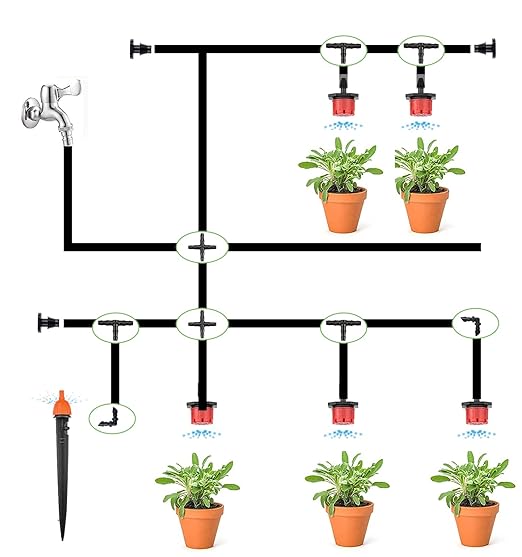 Dianrui 220 PCS Drip Irrigation Kit, Drip Irrigation Parts 1/4'' Tubing Fittings Kit for Garden Lawn Flower Sprinkler Systems-End Plug/ 4-Way Connector/Single barbs/Straight Barbs/Oblique Barbed Tees