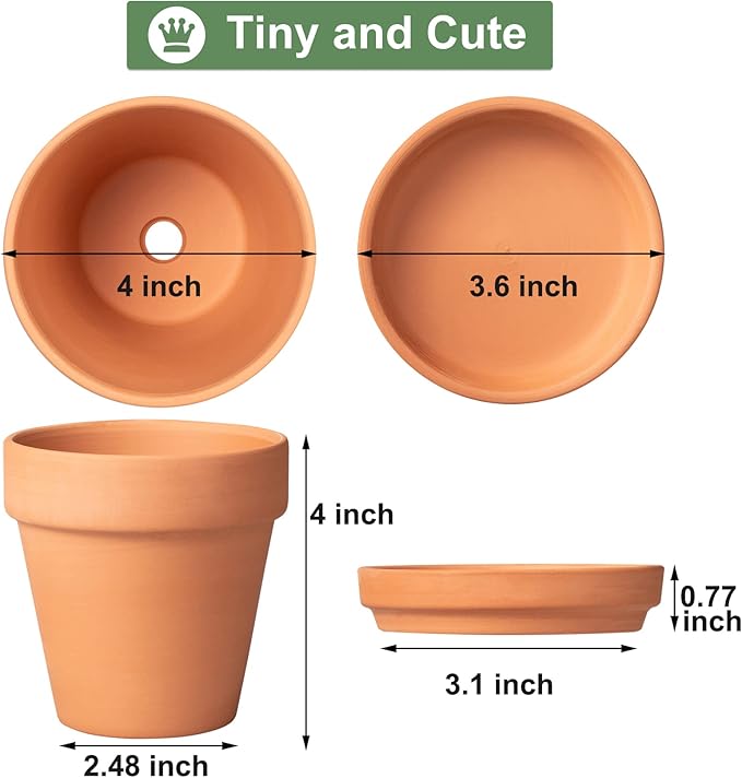 4 Inch Terracotta Pots with Saucer - 6 Pack Small Clay Plant Pots with Drainage Holes, Flower Pots with Tray, Terra Cotta Pots for Indoor Outdoor Plants, Crafts, Wedding Favor