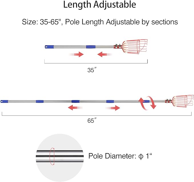 DonSail Fruit Picker Pole Tool with Basket Telescoping Long Handle, 35-65 Inch Adjustable Apple Orange Picker Pole Tool with Basket for Avocado Acorn Lemon Pear Mango Tree Picker