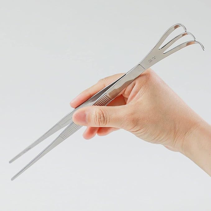 Wazakura 2 in 1 Bonsai Tweezers with Root Rake in Stainless Steel Made in Japan 8.6in (220mm), Professional Bonsai Tool, Japanese Precision Gardening Tongs for Plants