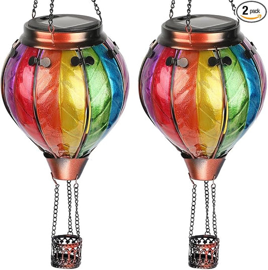 2PCS Solar Hot Air Balloon Lanterns with Flame with Shepherd's Hooks, Glass Hanging Flickering Lights Outdoor Waterproof for Garden Tree Yard Patio Mother's Day Gift, 18" H Colorful