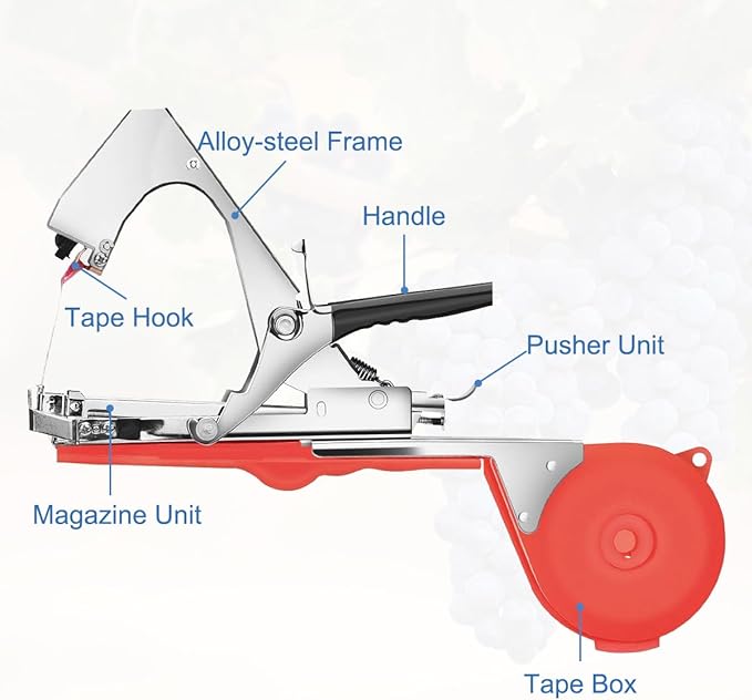 FUNTECK Plant Tying Machine to Tie Tomatoes Peppers and Cucumbers Quickly and Easily, Great for Gardeners Farmers, Including Spare Parts, Tapes and Staples, Red