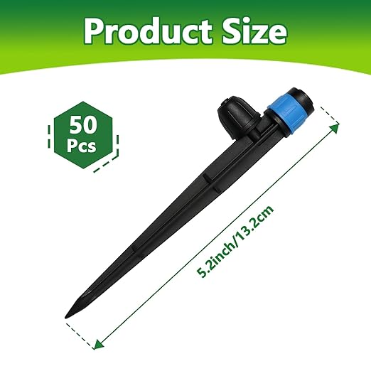 50 Pieces Drip Irrigation Emitters, Adjustable 360 Degree Drip Vortex Emitters on 5" with Stake for 1/4" Drip Irrigation Tubing Irrigation Fan Shape Drippers for Garden Watering System