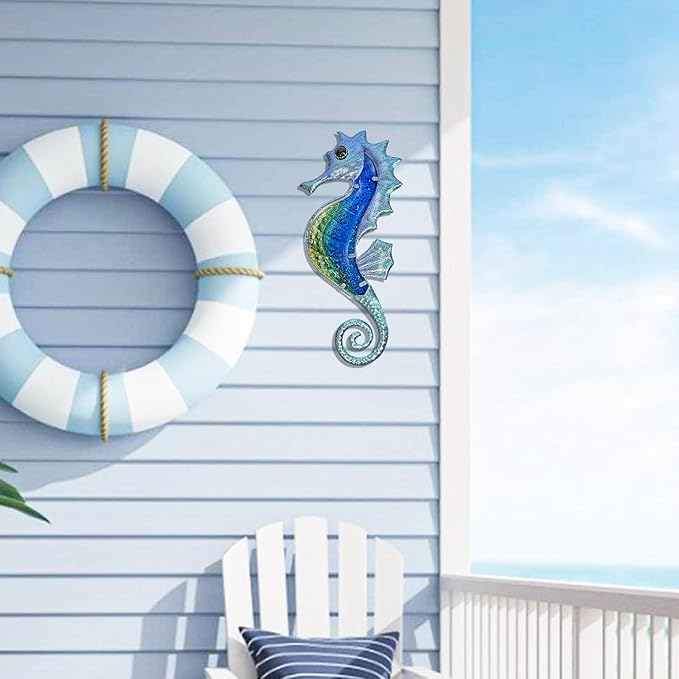 LIFFY Large Metal and Glass Seahorse Wall Decor, Sea Life Decor, Metal Fish Wall Decor, Ocean Beach Theme Wall Art for Bathroom Home Pool Gift Idea