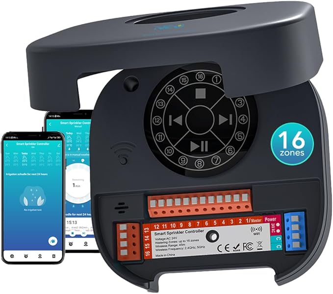 WiFi Irrigation Controller, 16-Zone Smart Sprinkler Controller, Auto Schedules, Weather-Based Watering, Indoor Use, Compatible with Alexa for Garden and Yard