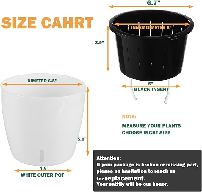 Planterhoma 6.7 Inch Self Watering Pots for Indoor Plants, 8 Packs White African Violet Pots with Water Indicator and Black Wick Pots, Self Watering Planters for Devil's Ivy, Indoor Plant Pots