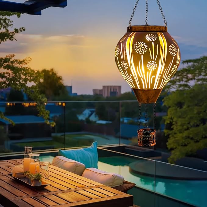 Hot Air Balloon Solar Lantern, Dandelion Hollow Out Solar Powered Hot Air Balloon Lantern Outdoor Waterproof, Copper Hanging Hots Airs Balloons Solars Light for Outdoor Patio Garden Decor