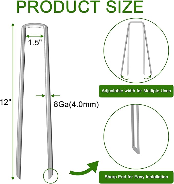AAGUT Landscape Staples 12 Inch 8 Gauge Galvanized Fence Stakes 20 PCS Anti-Rust Landscape Pins for Secure Lawn Fabric, Weed Barrier Fabric, Ground Cover, Dripper Irrigation Tubing Soaker Hose