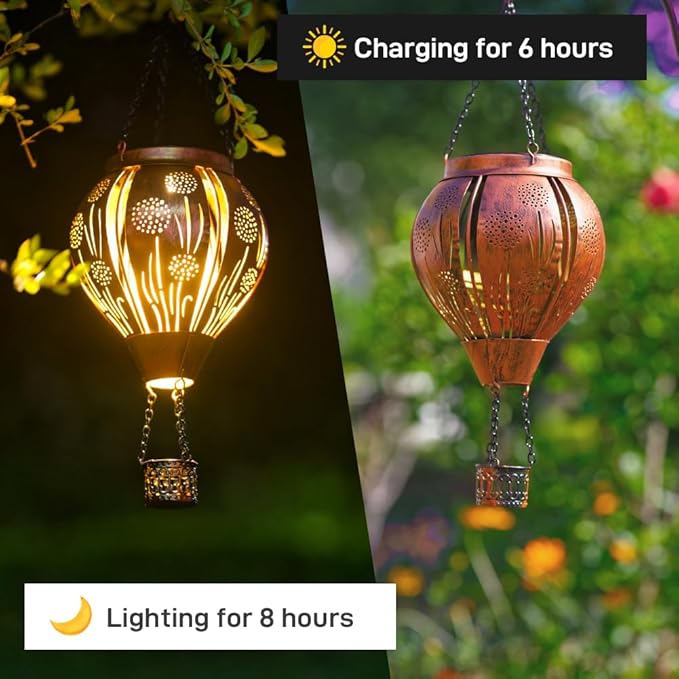 Hot Air Balloon Solar Lantern, Dandelion Hollow Out Solar Powered Hot Air Balloon Lantern Outdoor Waterproof, Copper Hanging Hots Airs Balloons Solars Light for Outdoor Patio Garden Decor