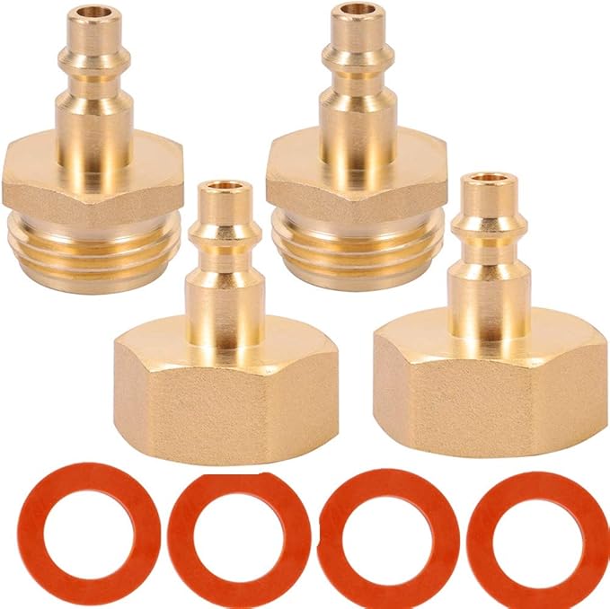 Air Compressor 1/4" Quick Connect Plug To GHT 3/4" Garden Hose Faucet Blow Out Adapter Fitting For Winterize Sprinkler Systems, Camper, Outdoor Plumbing, Garden Hose 2pcs male with 2pcs female (PAIR)