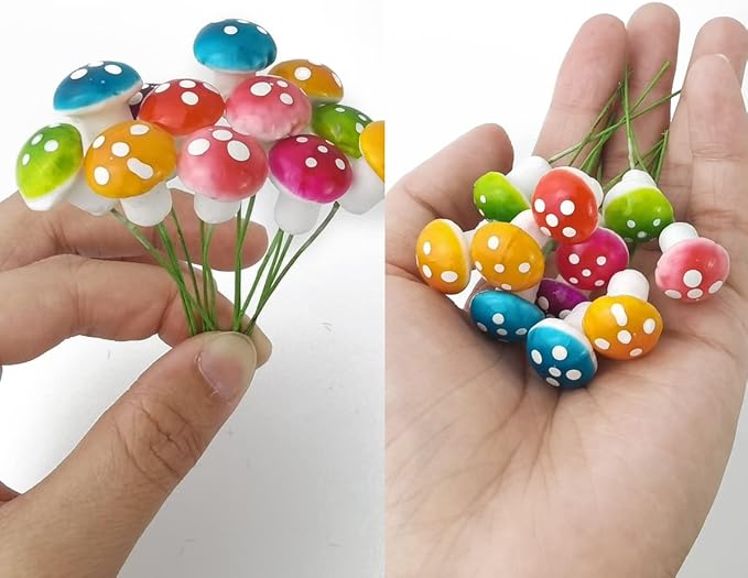 NSBELL 160PCS Fairy Garden Mushroom Mini Tiny Foam Mushroom Miniature Colorful Mushroom Artificial Fairy Garden Ornament for Flower Pot Micro Landscape Decoration
