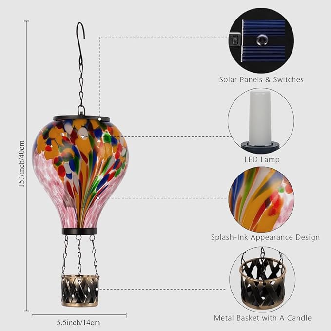 Starsoul Hot Air Balloon Solar Lantern Tie-Dye Style Glass Outdoor Hot Air Balloon Solar Flickering Flame Light Waterproof Hanging Lantern for Garden Yard Patio Decor