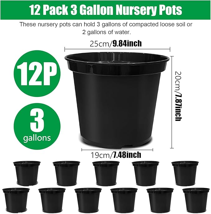 3 Gallon Nursery Pots, 10 Inch Thickened Plant Pots with Drainage Holes, Plastic Round Planter for Outdoor Indoor Plants (12-Pack, Black)