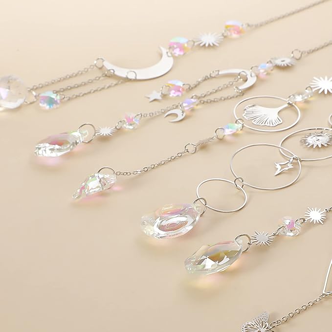 Sun Catchers, 6 Pieces Colorful Suncatchers Decorative Hanging Clear Crystal Prism Rainbow with Silver Moon Sun Metal Forms Suncatcher Kit for Window Indoor Outdoor Car Mirror Decor Xmas Gift