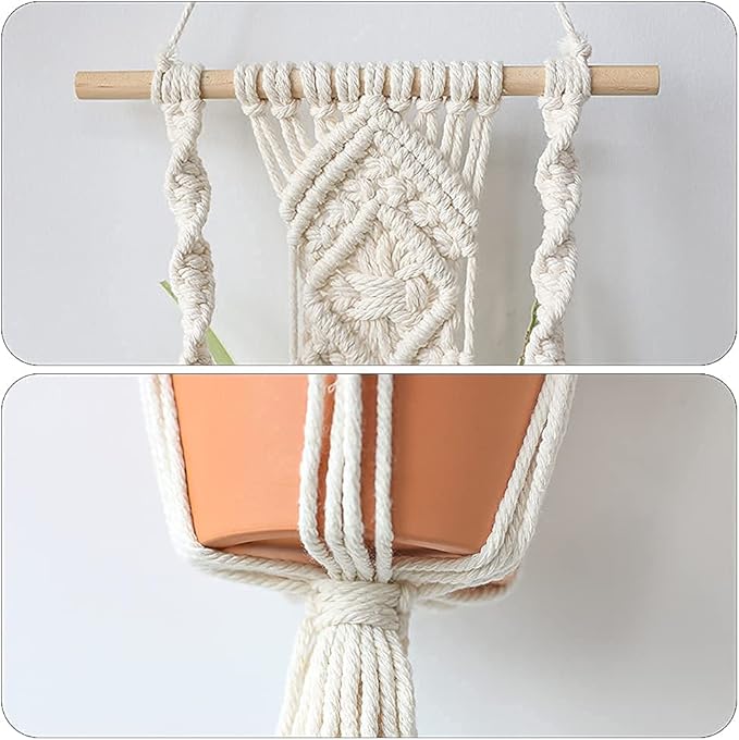 Boho Macrame Plant Hangers - Handmade Hemp Rope Hanging Baskets for Plants with Ceiling Hooks, Bohemian Home Decor Wall Art