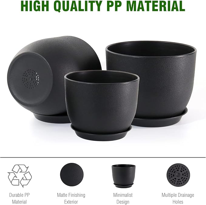 WOUSIWER Plant Pots 10/9/8 inch, Set of 3 Modern Decorative Plastic Planters with Drainage Holes and Saucers for House Plants Indoor Flowers Plants, Black