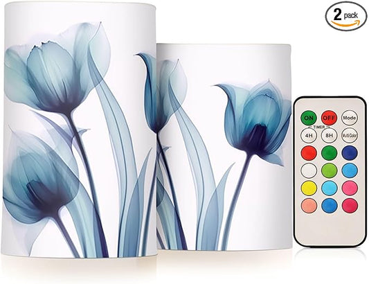 Flickering Flameless Candles, Blue Tulip Flower LED Candles with Remote Timer, Set of 2 Battery Operated Candle for Valentine Wedding Birthday